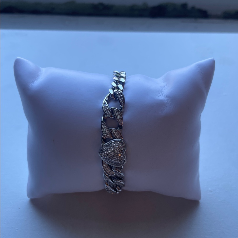 Silver Rhinestone Heart Bracelet Chunky Chain Link Statement Fashion Jewelry